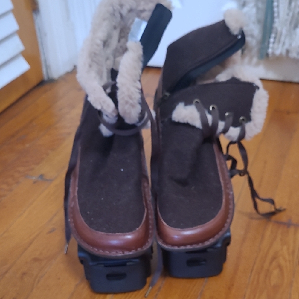 Alegria Brown and Cream Ankle Boots with Faux Fur Trim